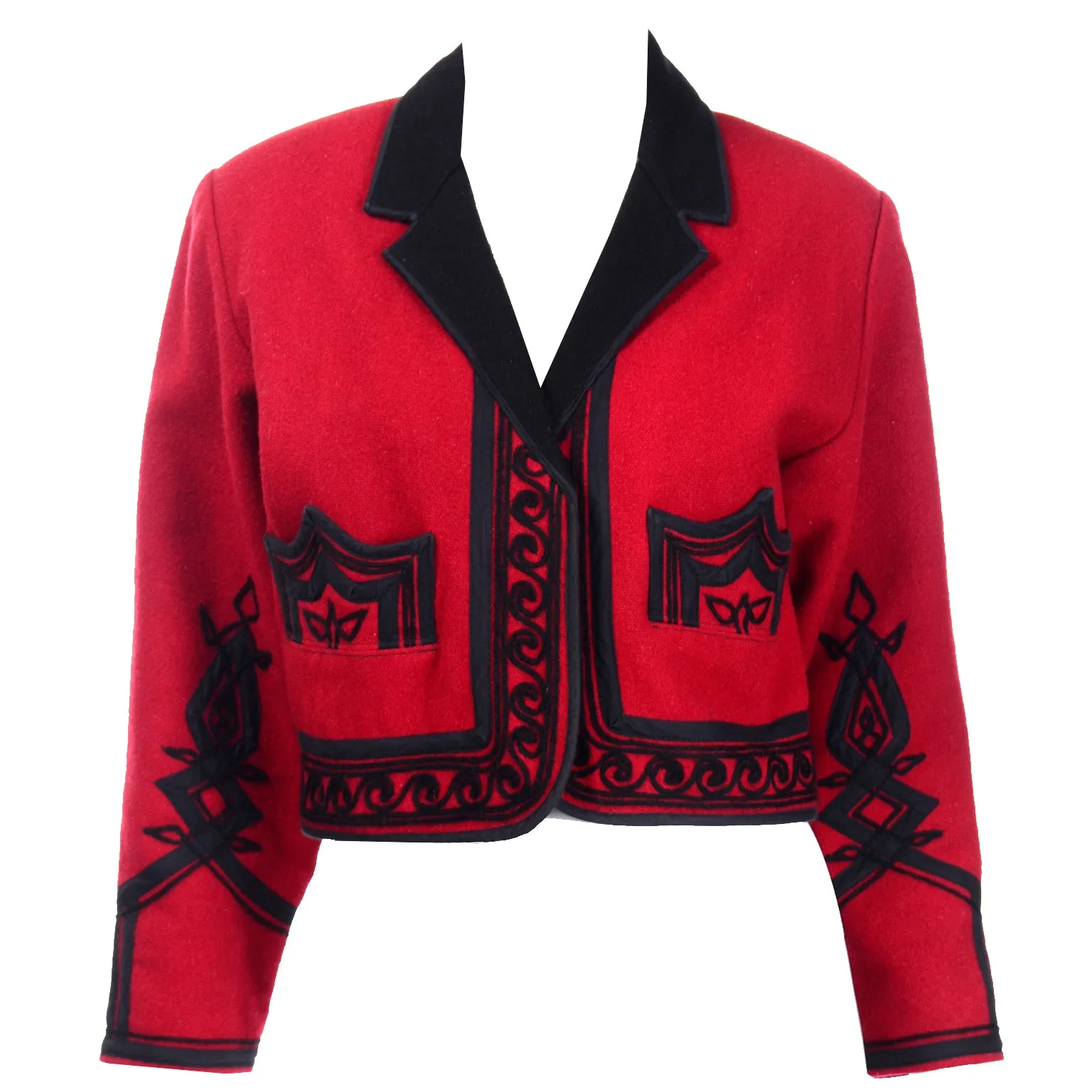 1980s Vintage Red Wool Cropped Guatemala Jacket W Black Embroidery