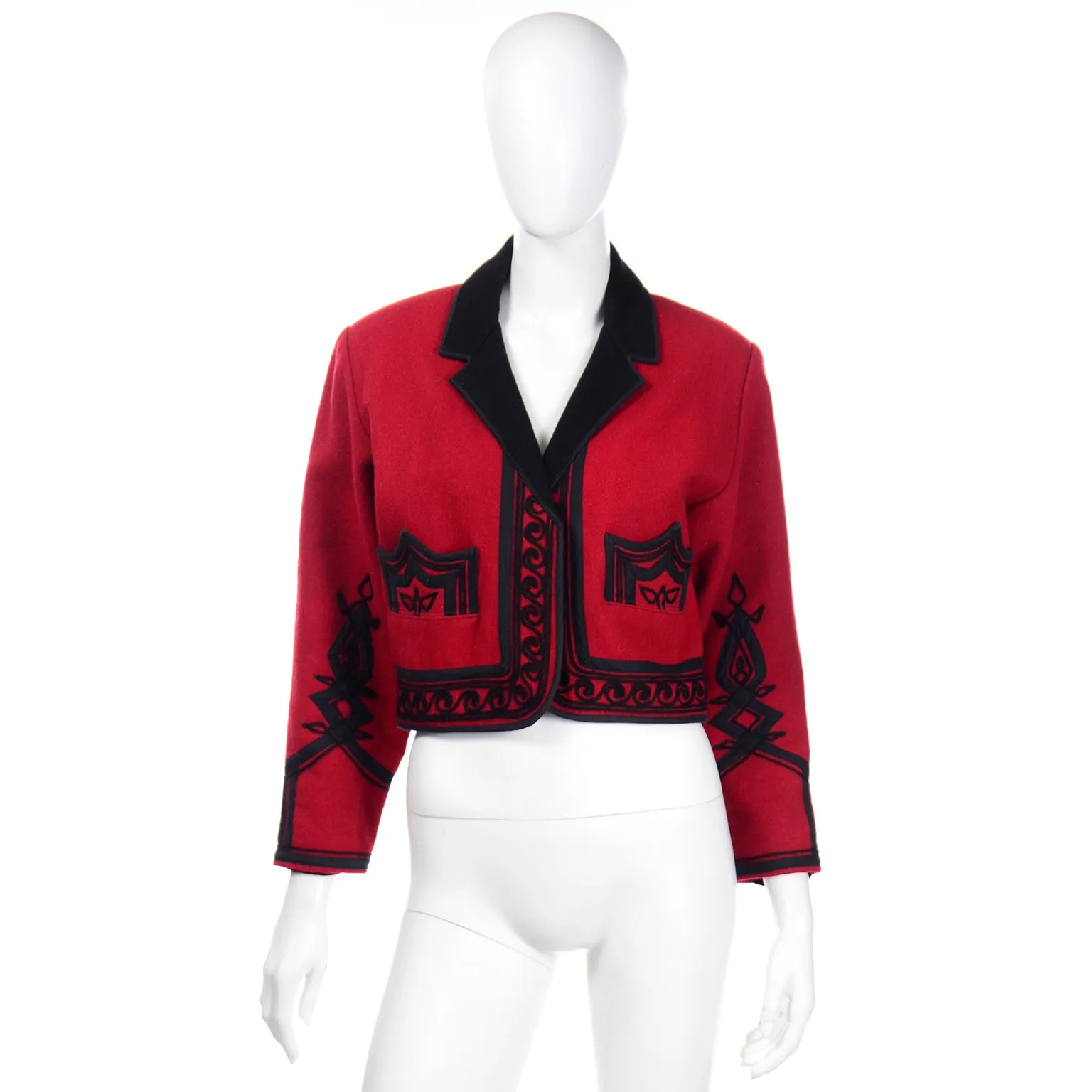 1980s Vintage Red Wool Cropped Guatemala Jacket W Black Embroidery