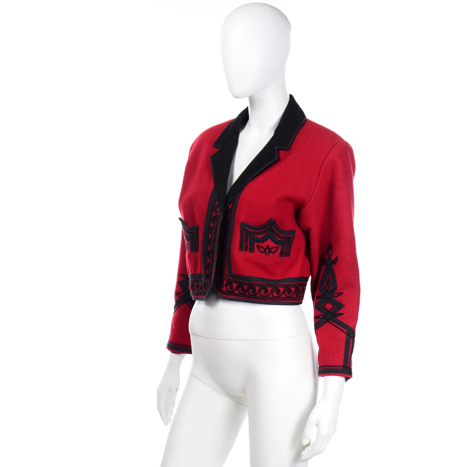 1980s Vintage Red Wool Cropped Guatemala Jacket W Black Embroidery