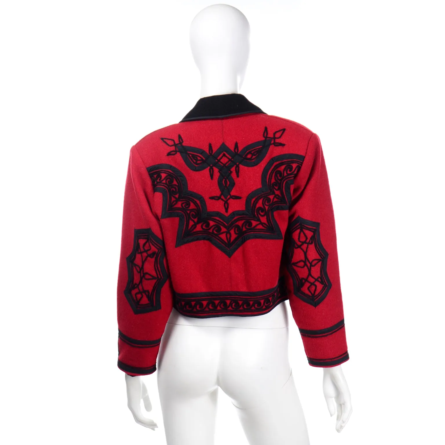 1980s Vintage Red Wool Cropped Guatemala Jacket W Black Embroidery