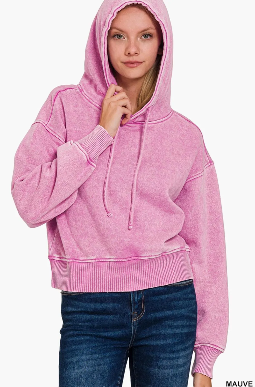 Acid Wash Fleece Cropped Hoodie