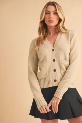 Aemi   Co Ribbed Hem Button Down V-Neck Cardigan