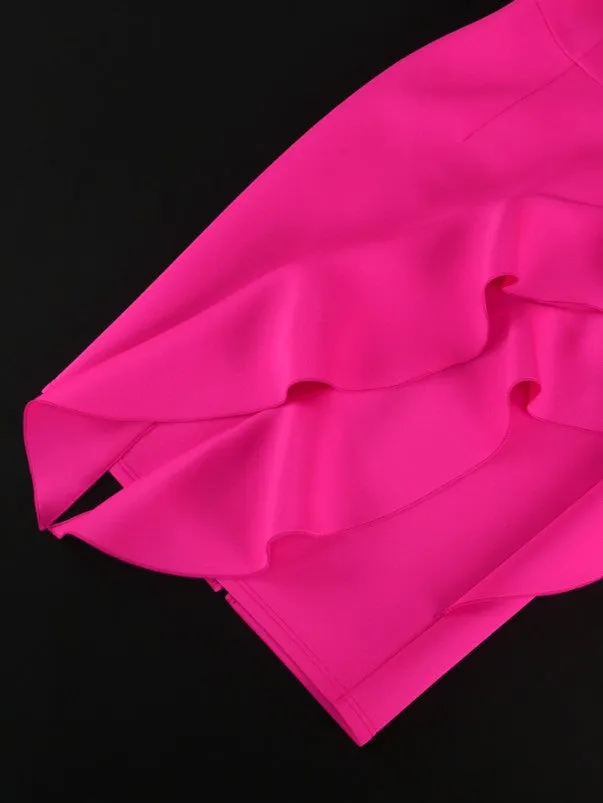 AOMEIDRESS Fuchsia One Shoulder Ruffles High Waist Package Hip Dress