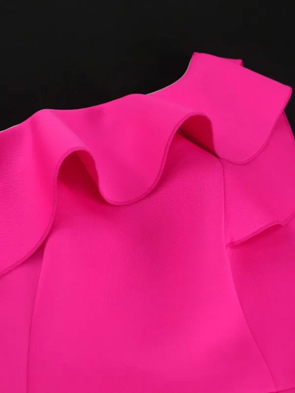 AOMEIDRESS Fuchsia One Shoulder Ruffles High Waist Package Hip Dress