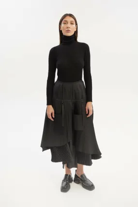 Asymmetric A-Line Midi Skirt With Layered Pleated Parts and Detachable Pockets