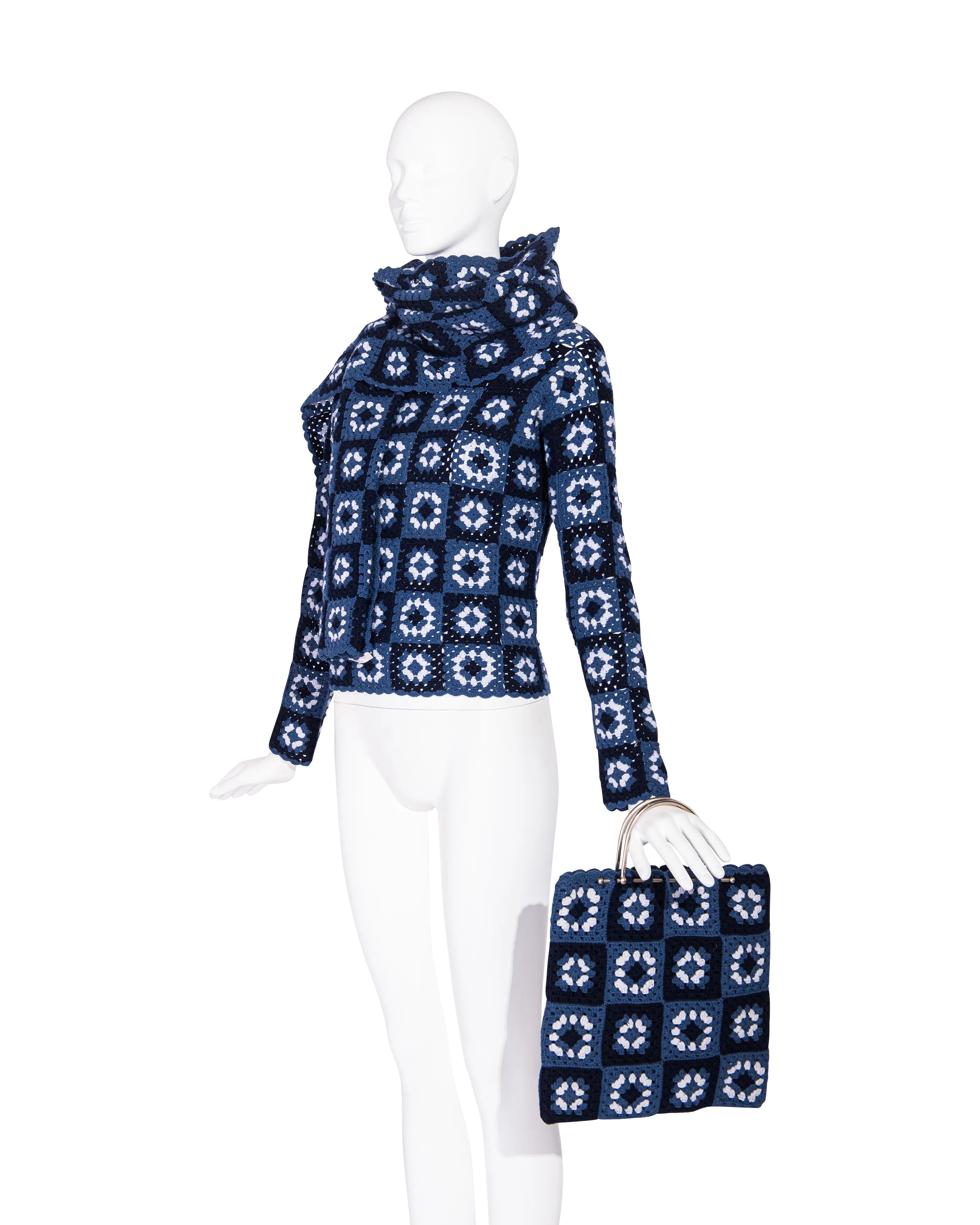 A/W 1999 Blue Crochet Turtleneck Sweater, Scarf and Purse Set