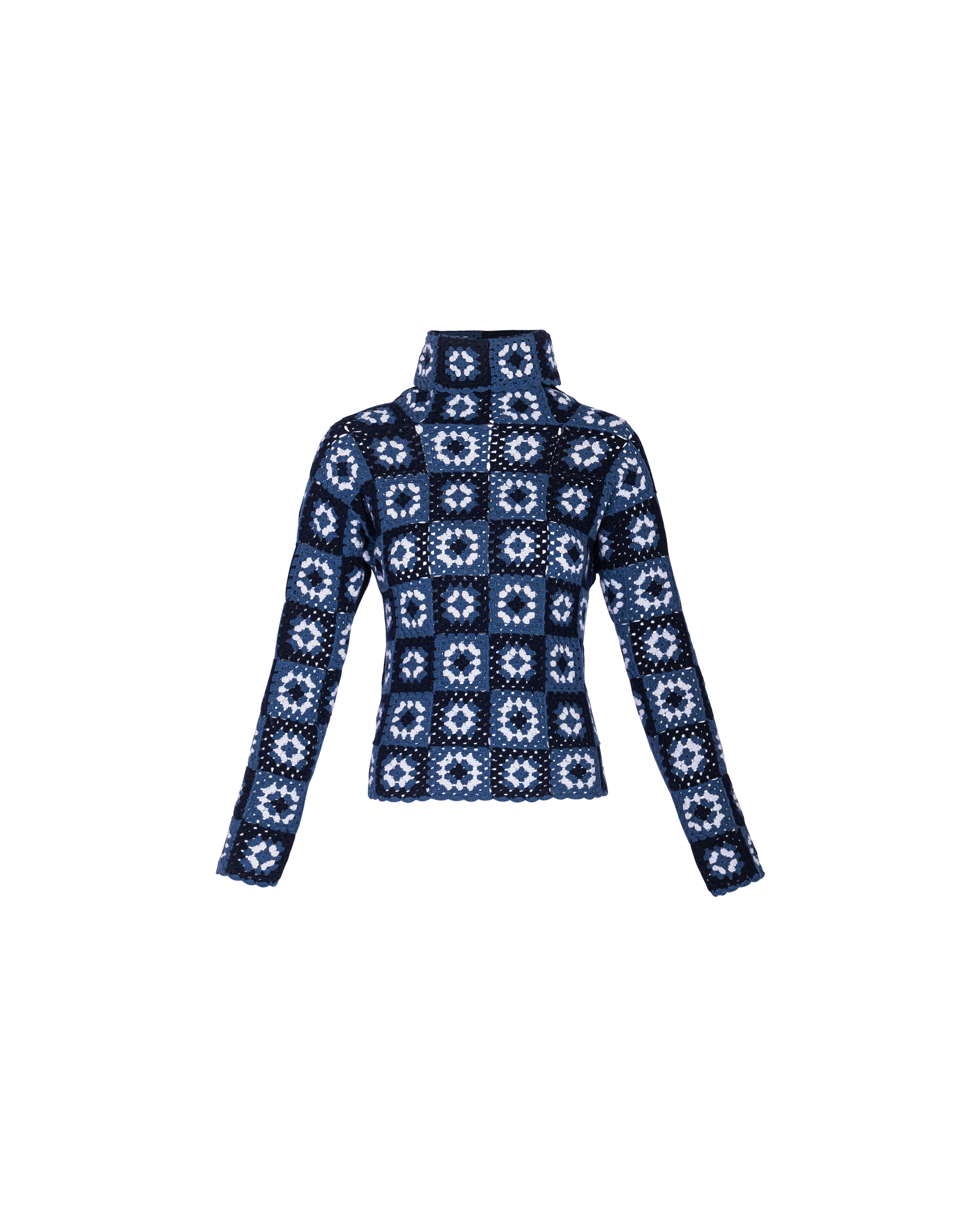 A/W 1999 Blue Crochet Turtleneck Sweater, Scarf and Purse Set