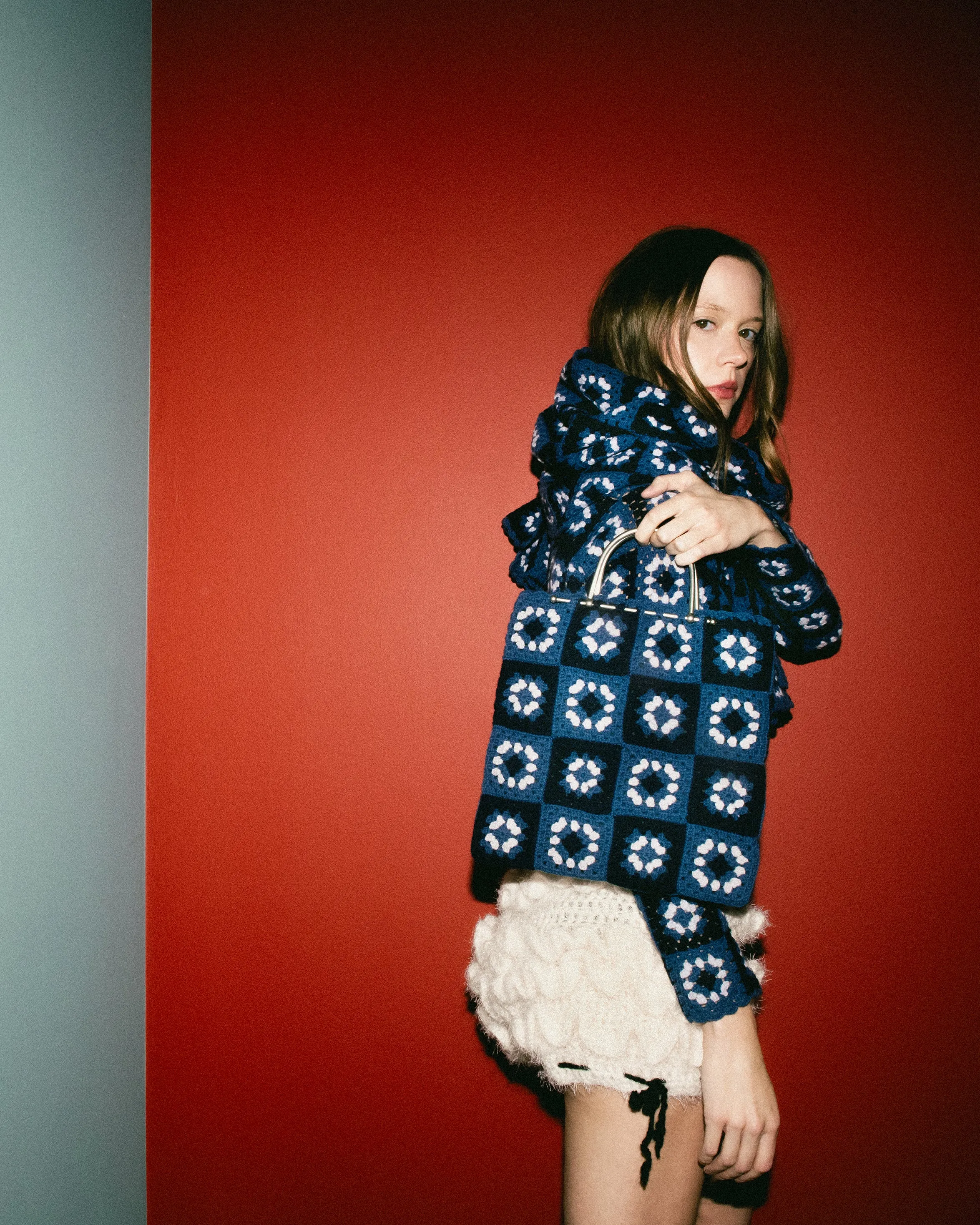 A/W 1999 Blue Crochet Turtleneck Sweater, Scarf and Purse Set