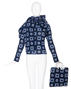 A/W 1999 Blue Crochet Turtleneck Sweater, Scarf and Purse Set