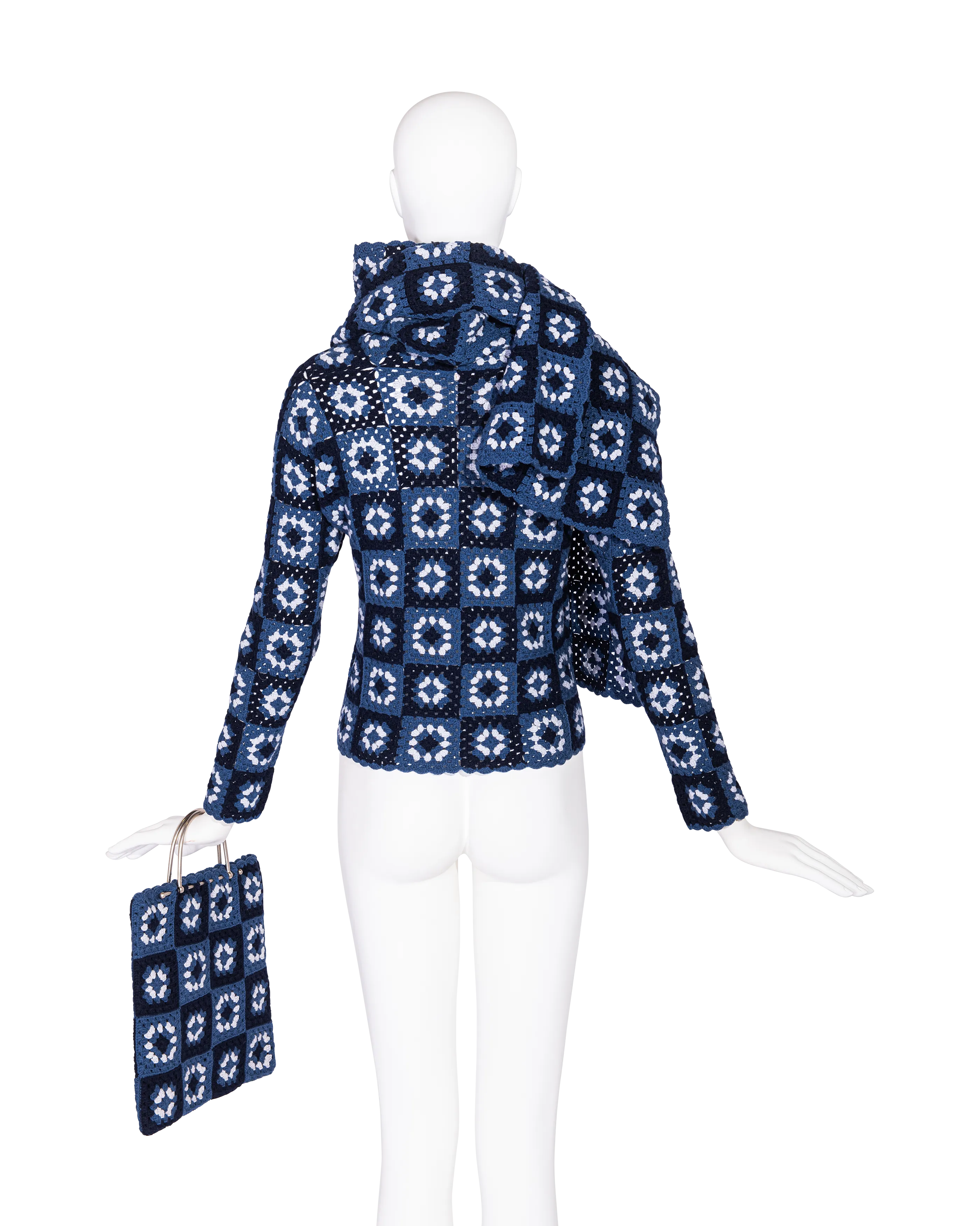 A/W 1999 Blue Crochet Turtleneck Sweater, Scarf and Purse Set