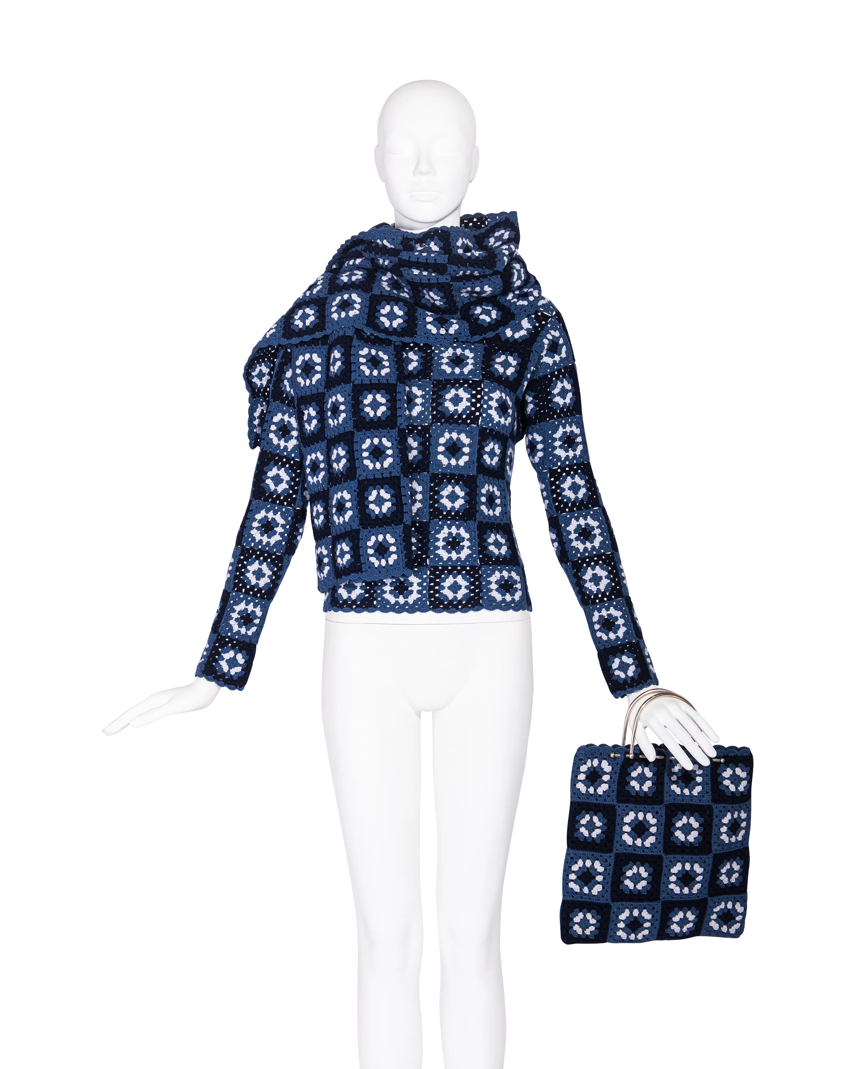 A/W 1999 Blue Crochet Turtleneck Sweater, Scarf and Purse Set