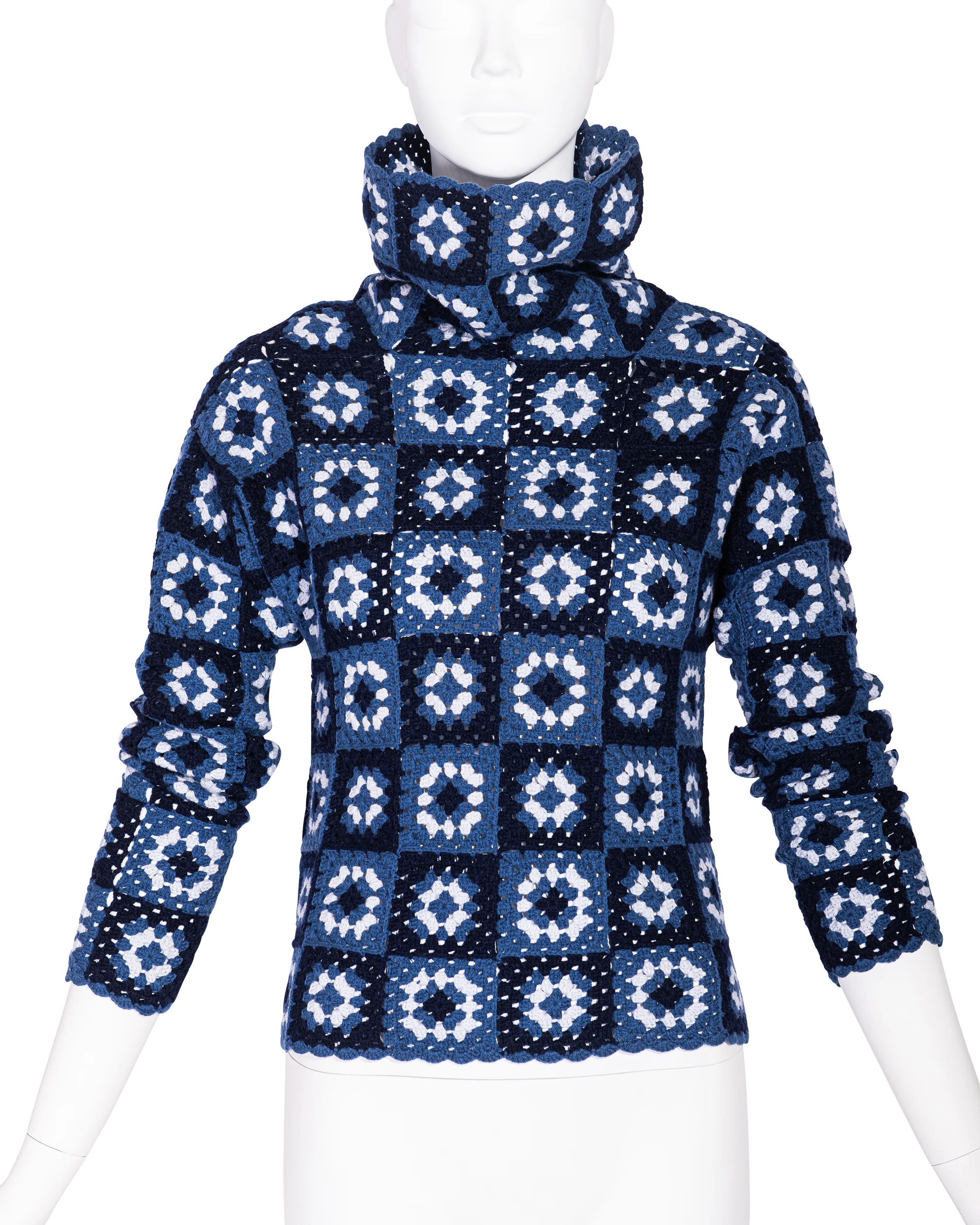 A/W 1999 Blue Crochet Turtleneck Sweater, Scarf and Purse Set