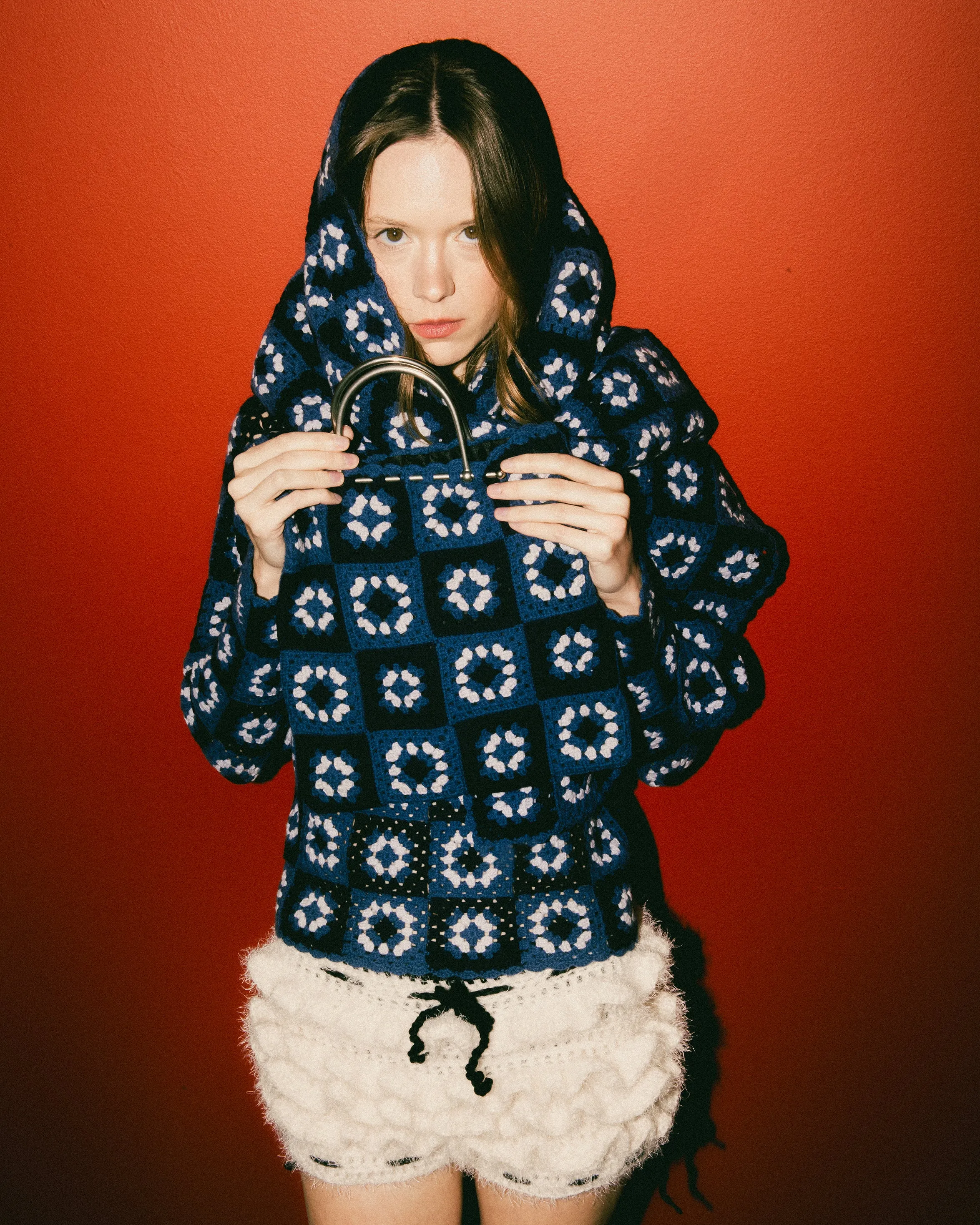 A/W 1999 Blue Crochet Turtleneck Sweater, Scarf and Purse Set