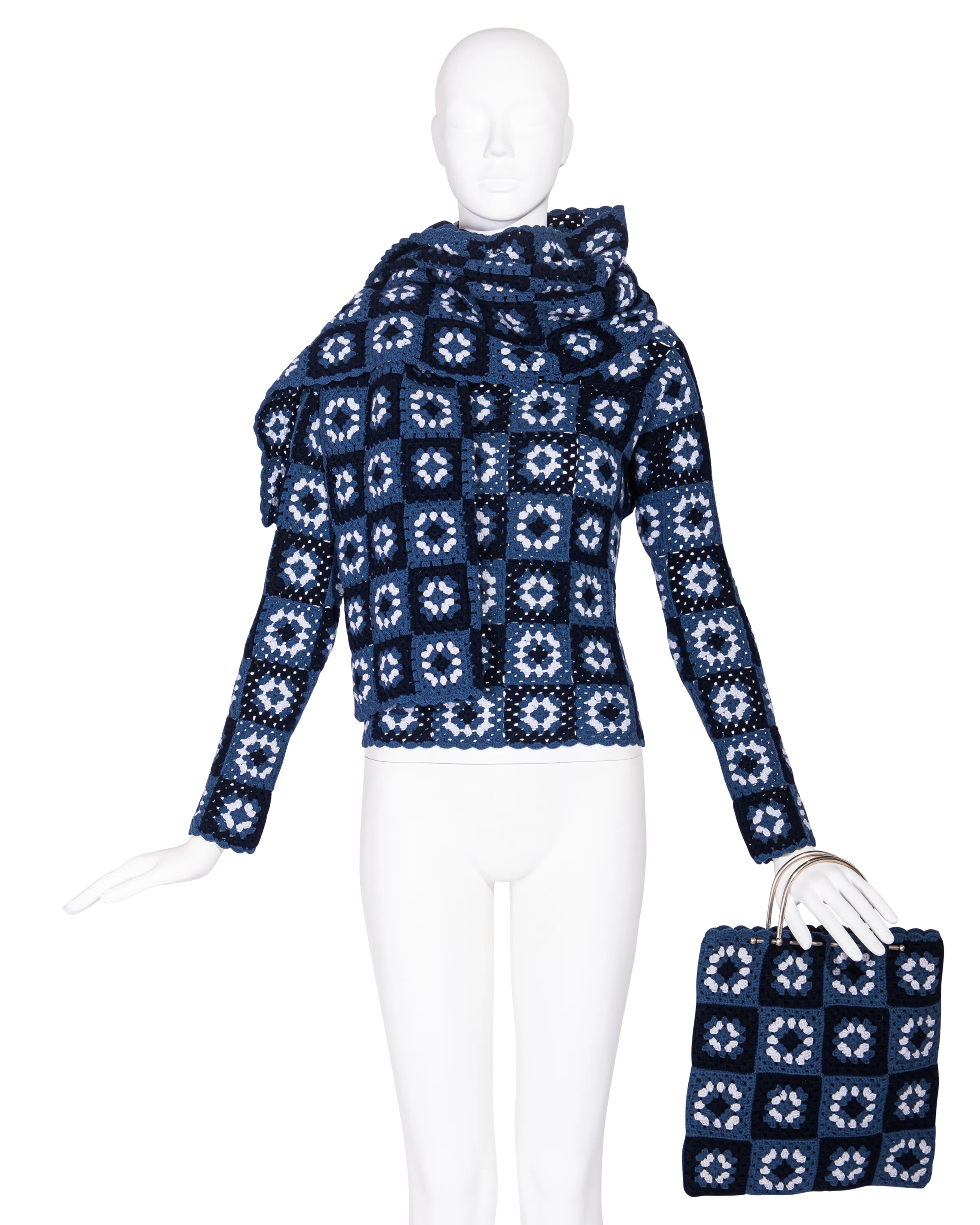 A/W 1999 Blue Crochet Turtleneck Sweater, Scarf and Purse Set