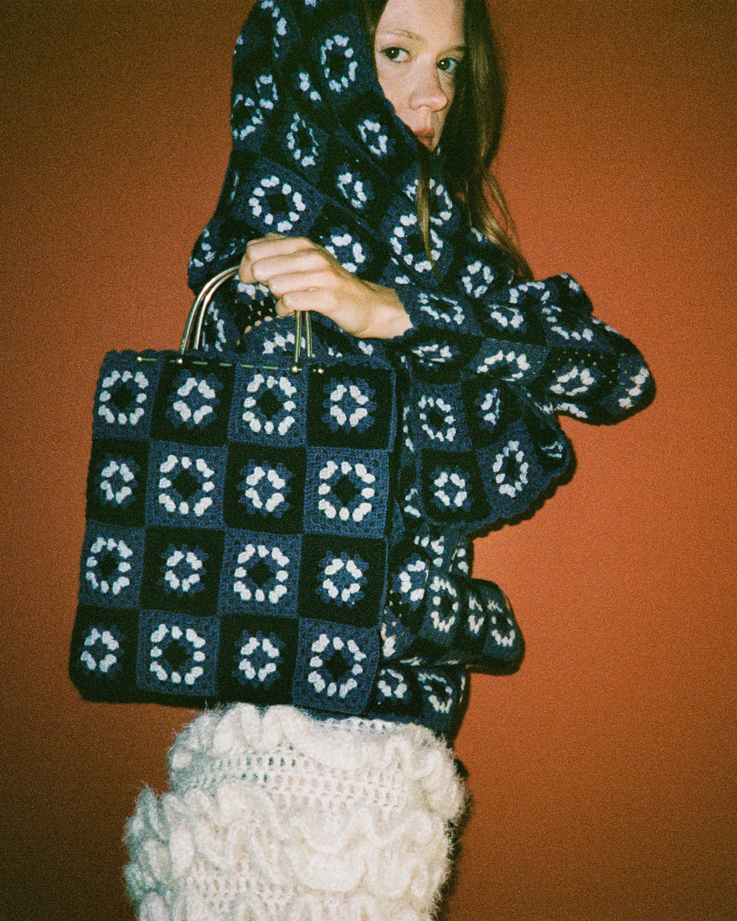 A/W 1999 Blue Crochet Turtleneck Sweater, Scarf and Purse Set