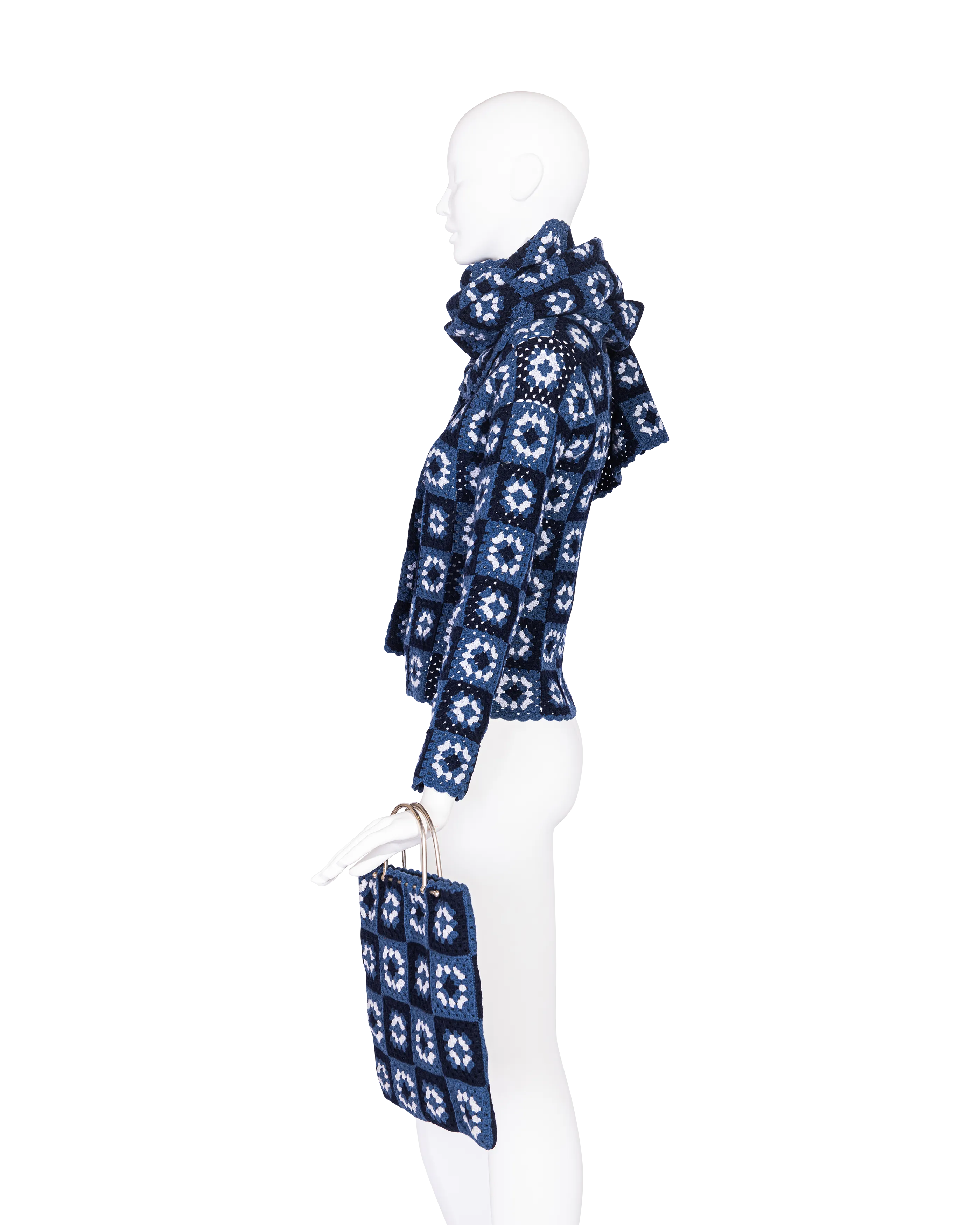 A/W 1999 Blue Crochet Turtleneck Sweater, Scarf and Purse Set