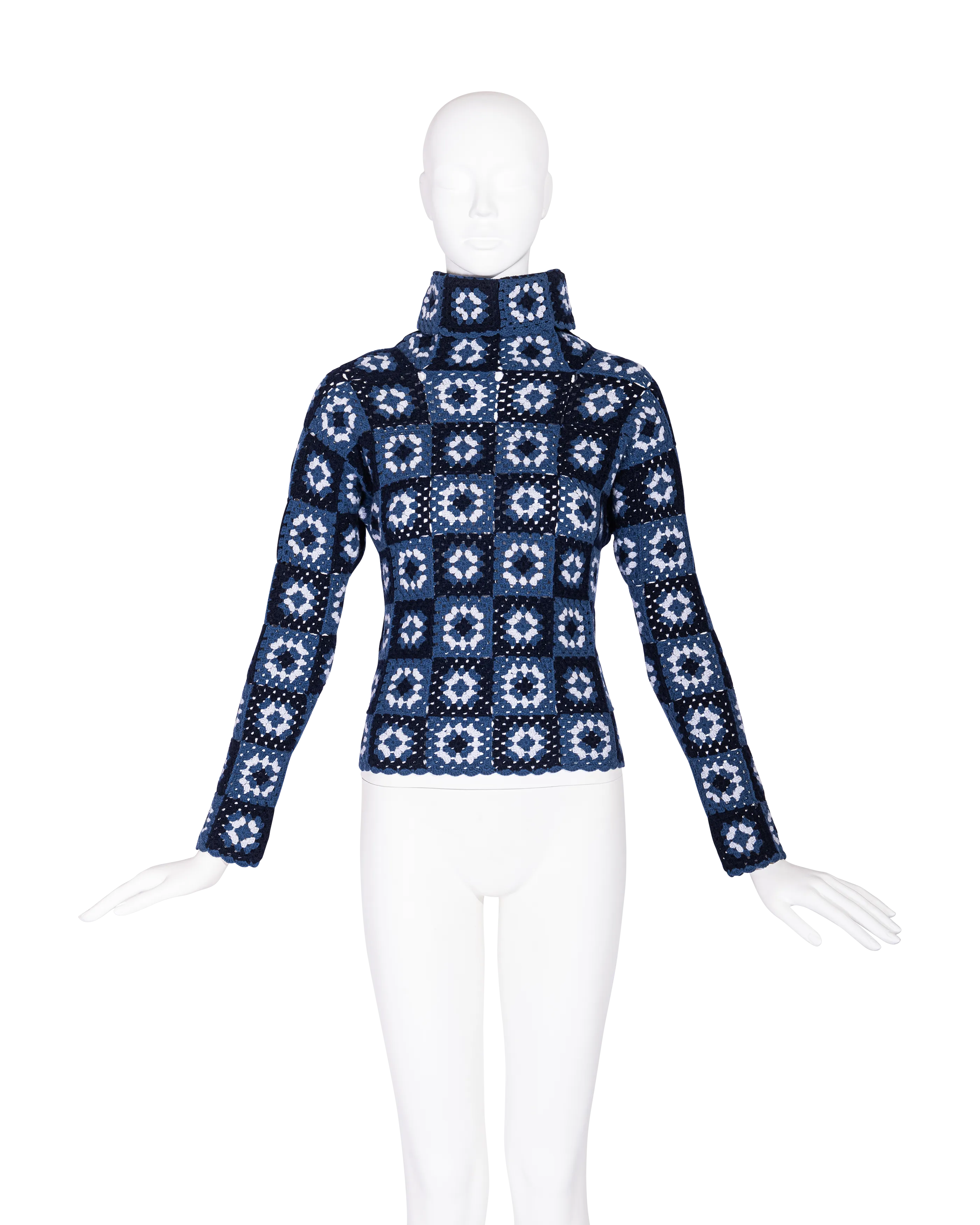 A/W 1999 Blue Crochet Turtleneck Sweater, Scarf and Purse Set