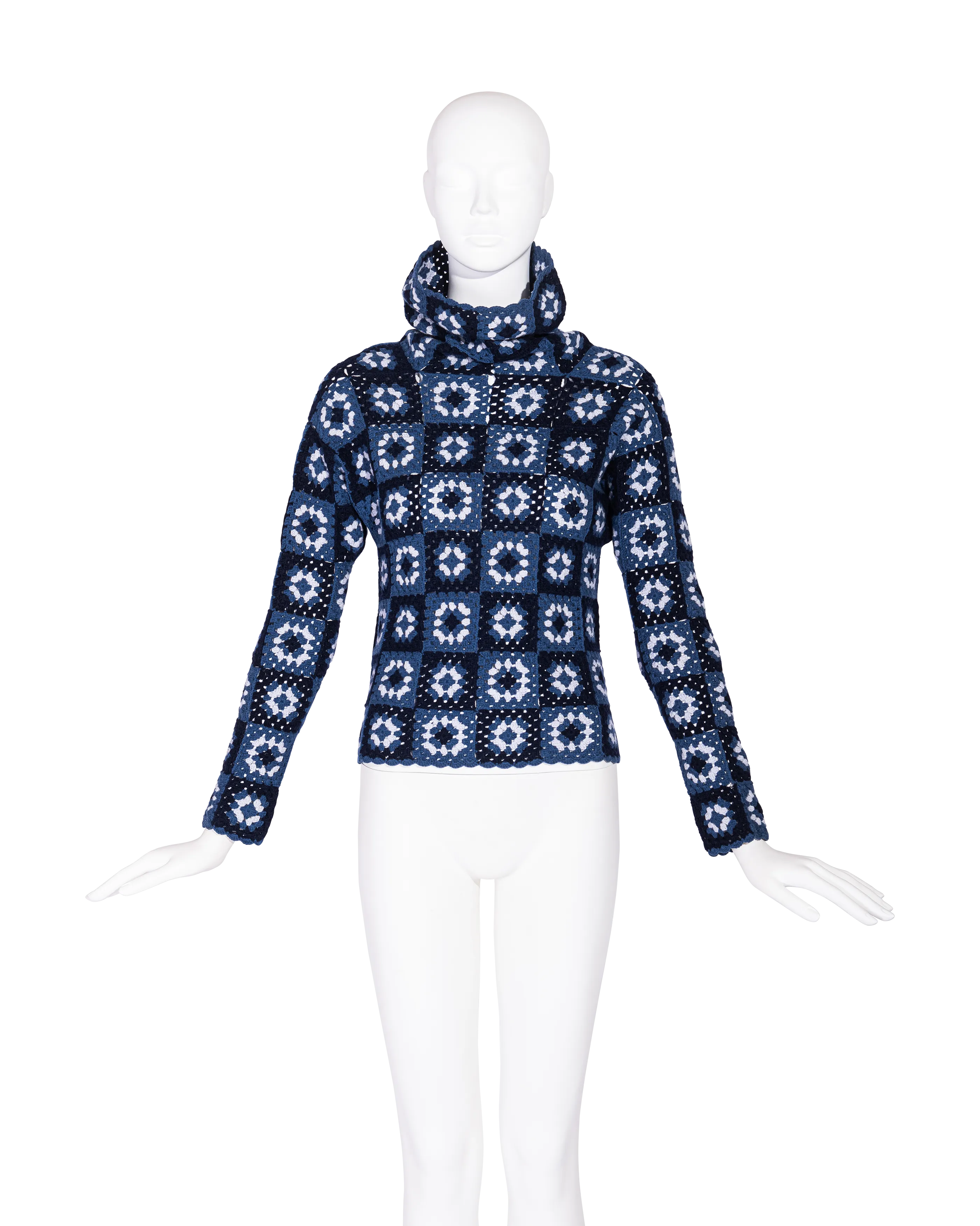 A/W 1999 Blue Crochet Turtleneck Sweater, Scarf and Purse Set