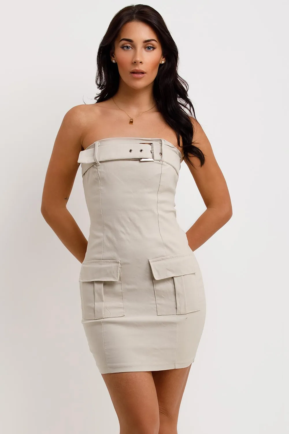 Bandeau Buckle Belt Detail Mini Bodycon Dress Beige