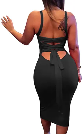 BEAGIMEG Women's Sexy Lace Up Backless Bodycon Midi Party Club Dress