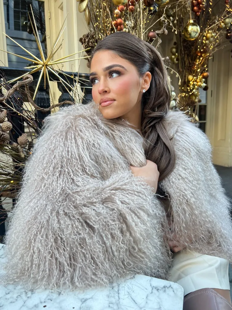 Beige Luxury Mongolian Lamb Fur Coat