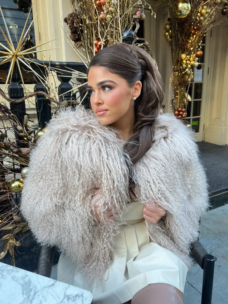 Beige Luxury Mongolian Lamb Fur Coat