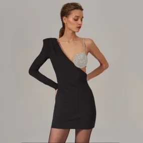 Black Diamante Cup One Shoulder Long Sleeve Bodycon Dress