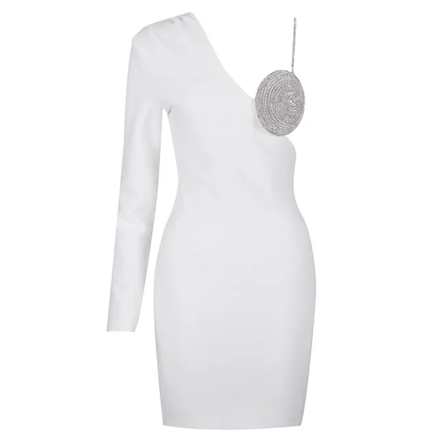 Black Diamante Cup One Shoulder Long Sleeve Bodycon Dress