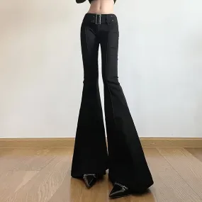 Black High Waist Bell Bottom Pants With Belt Detail