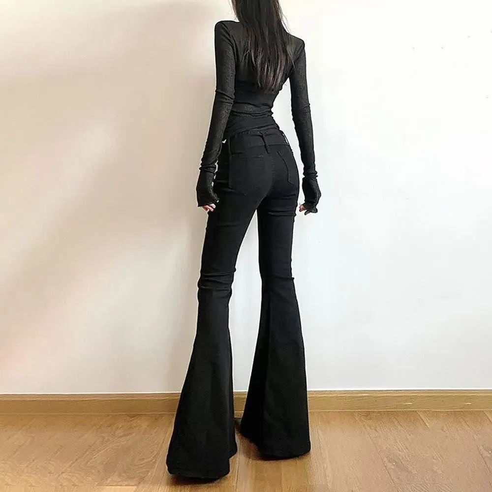 Black High Waist Bell Bottom Pants With Belt Detail