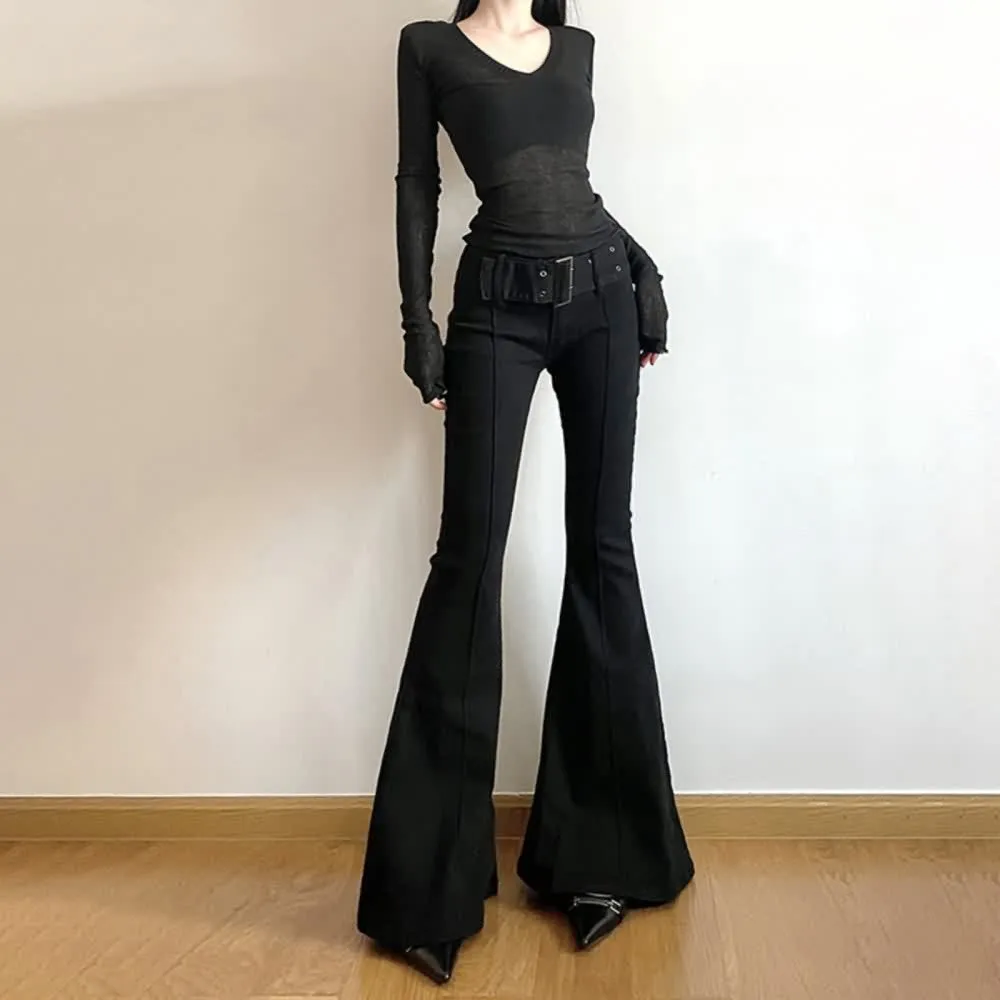 Black High Waist Bell Bottom Pants With Belt Detail