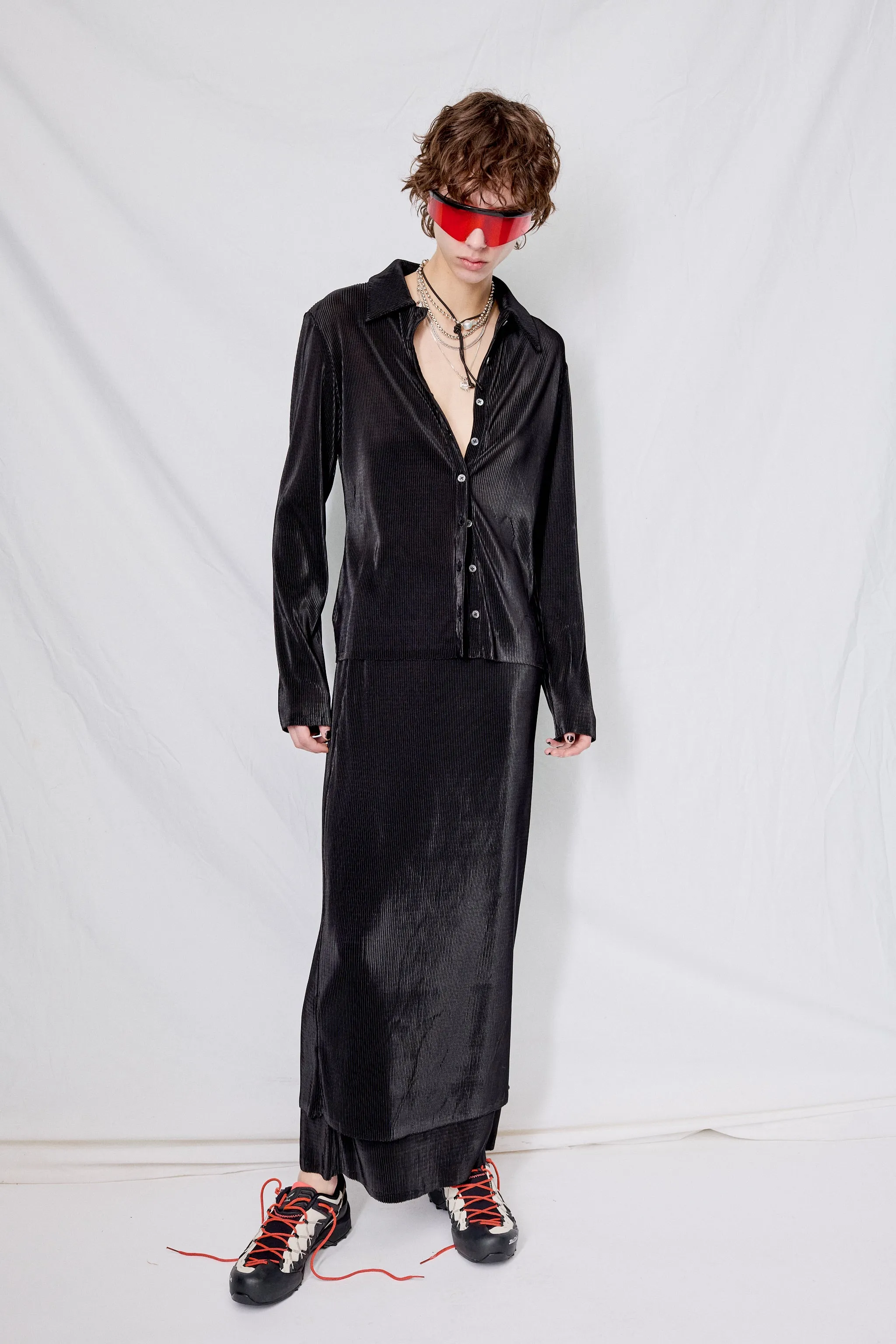 Black Plisse Fitted Button Up