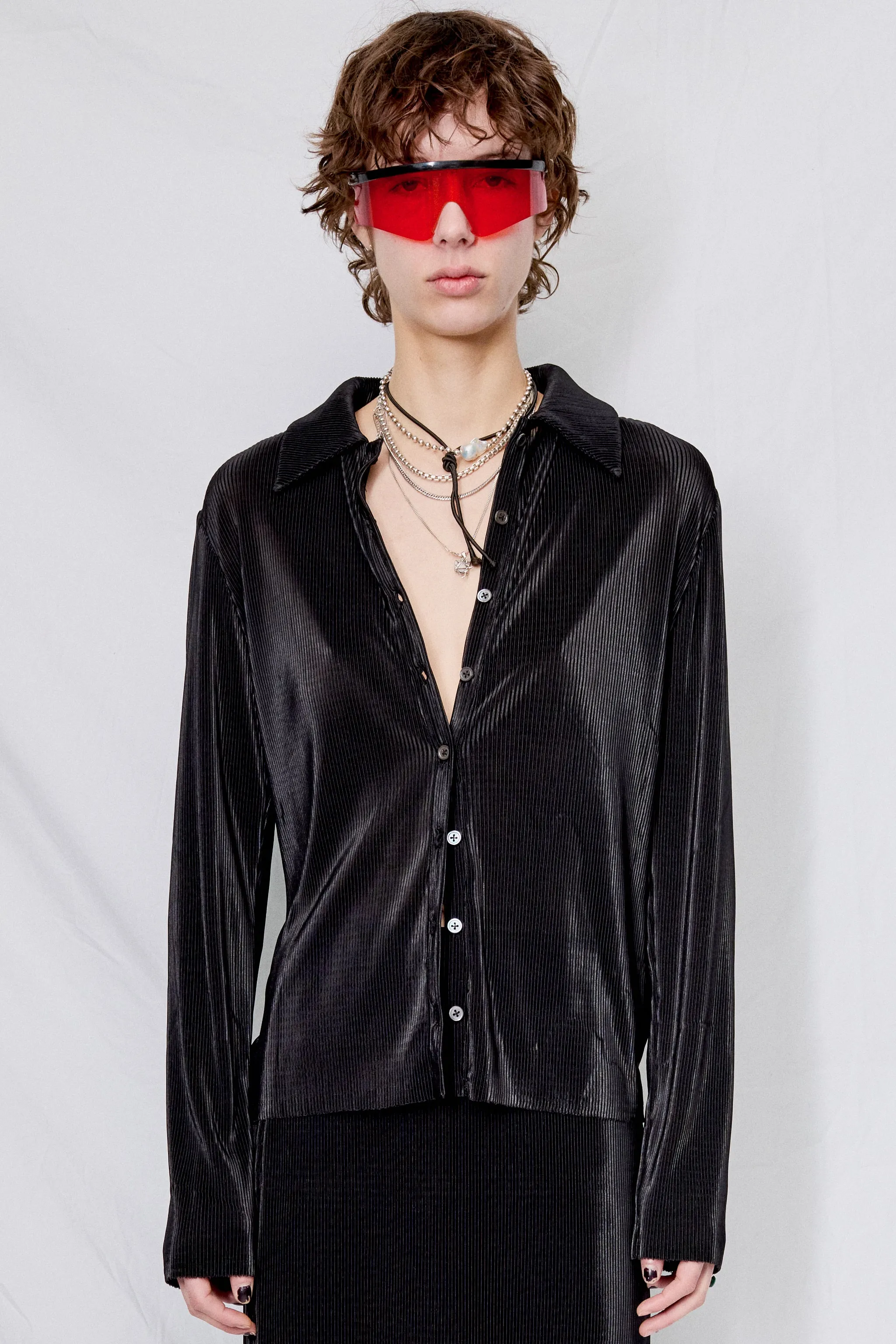 Black Plisse Fitted Button Up