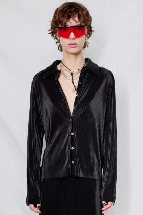 Black Plisse Fitted Button Up