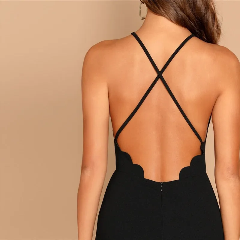 Black Scallop Trim Halter Dress