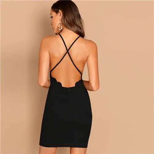 Black Scallop Trim Halter Dress