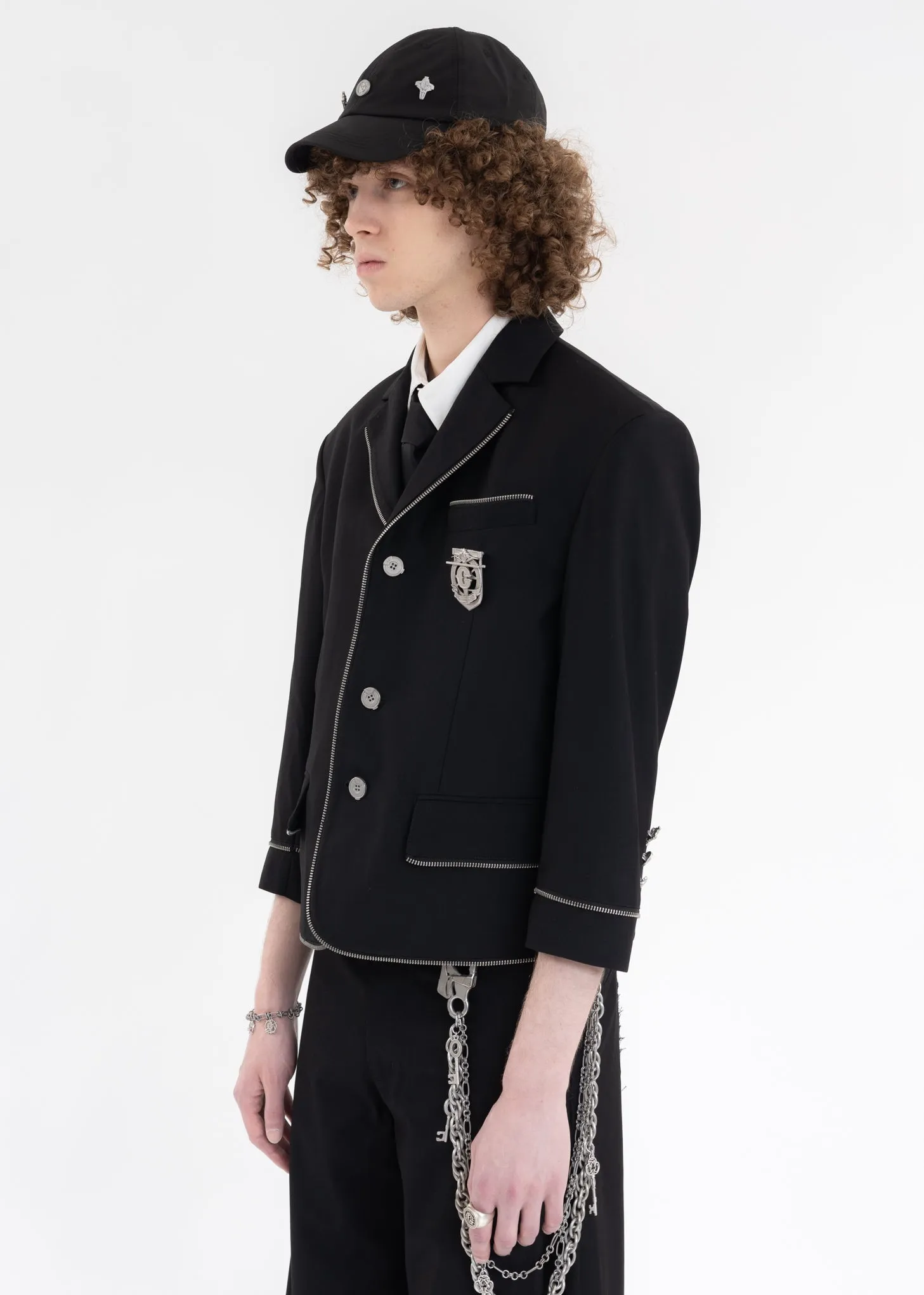 Black Zipper Piping Badged Tailored Jacket