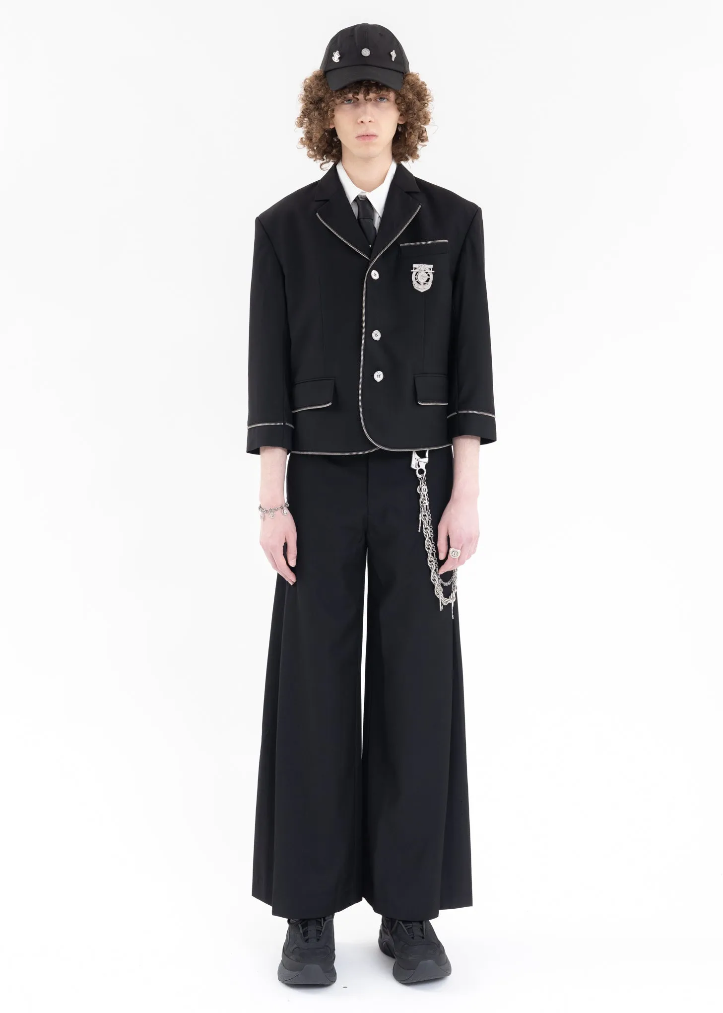 Black Zipper Piping Badged Tailored Jacket