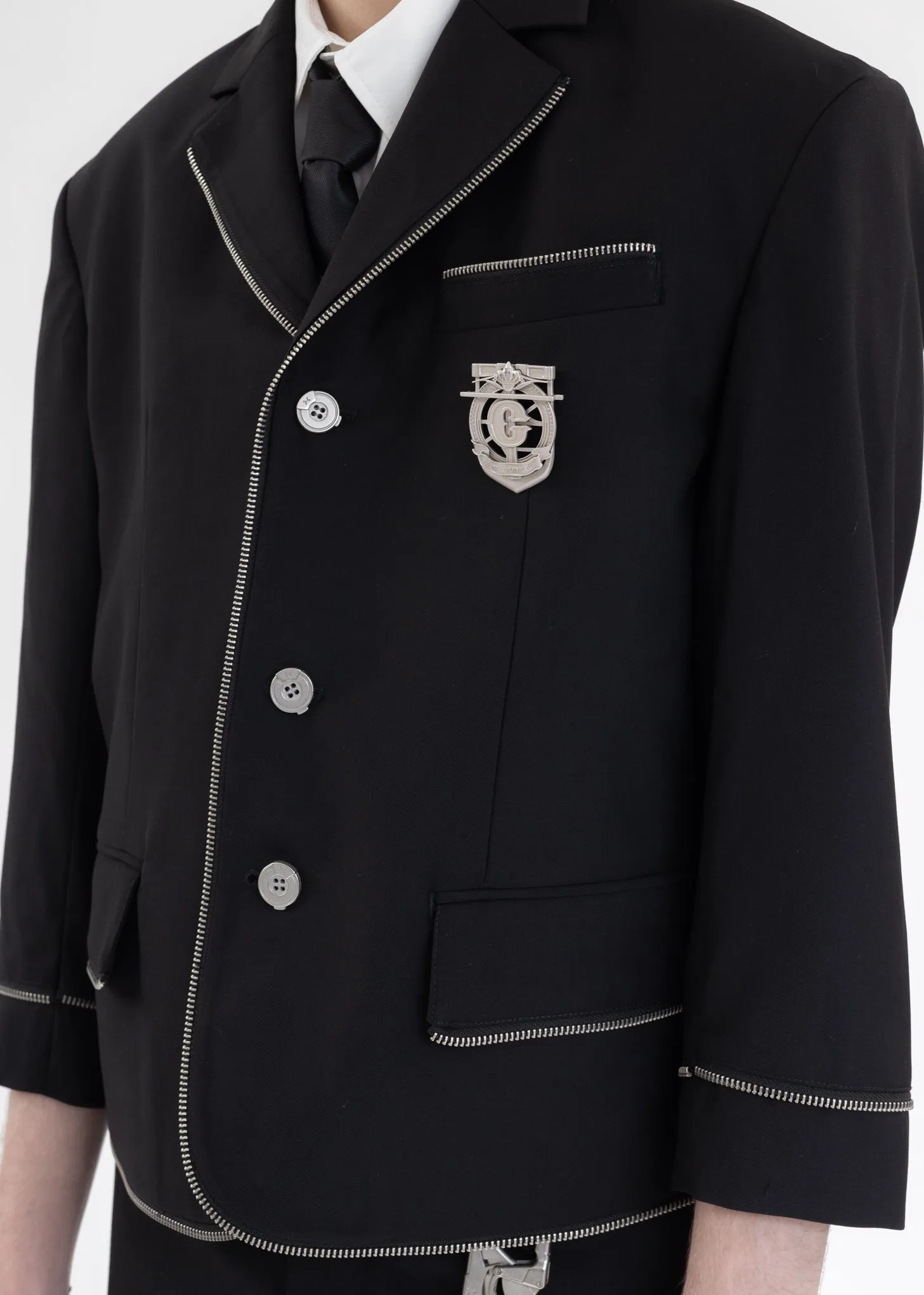 Black Zipper Piping Badged Tailored Jacket