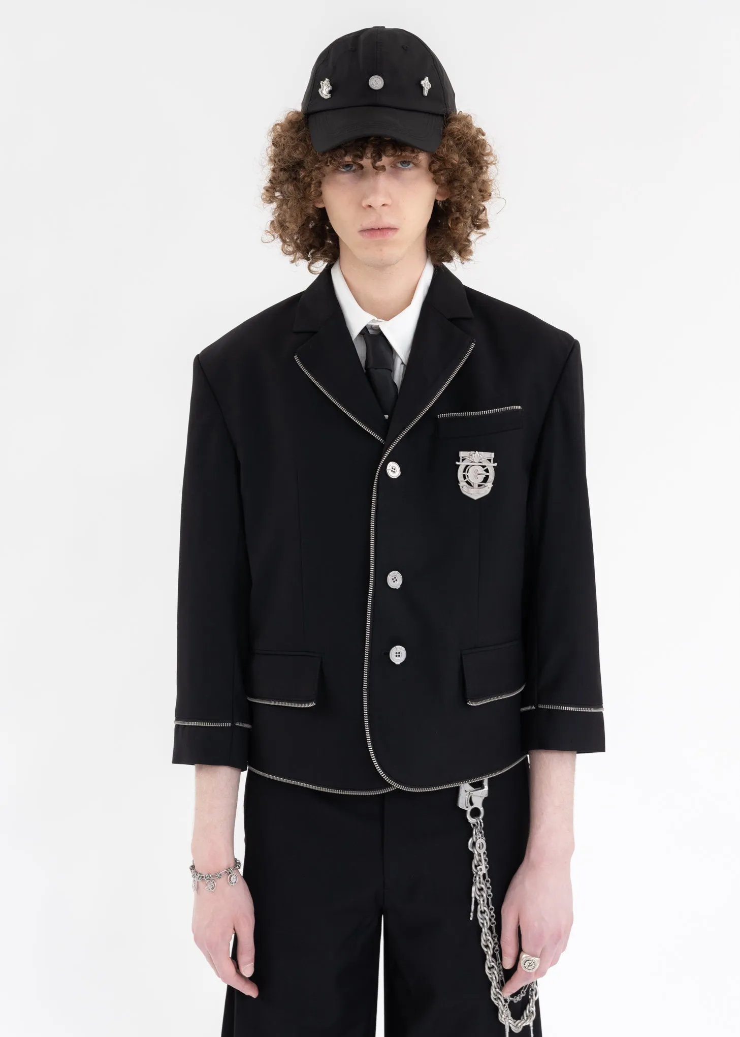 Black Zipper Piping Badged Tailored Jacket