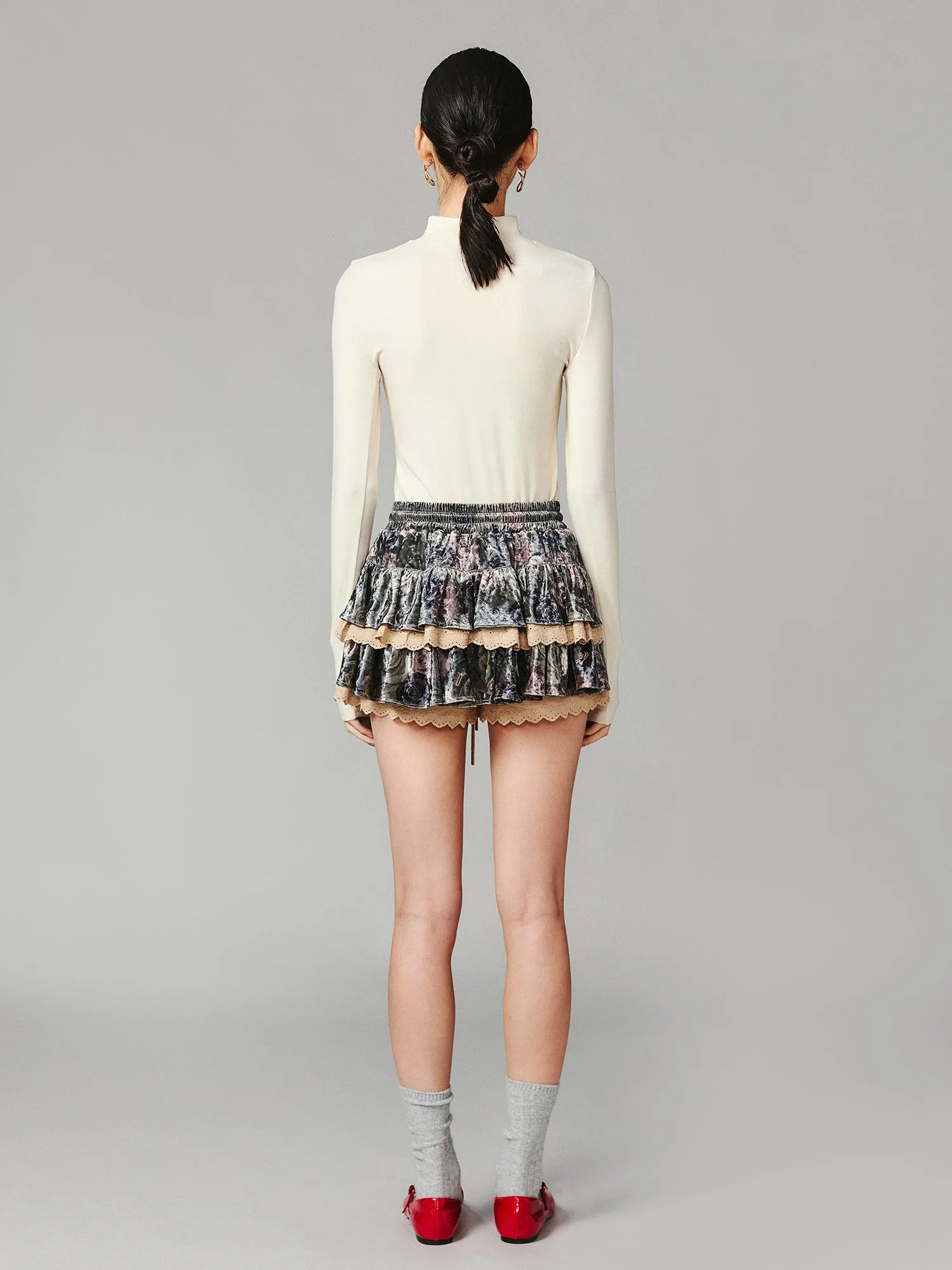 Camouflage rose printed velvet lace cake skirt