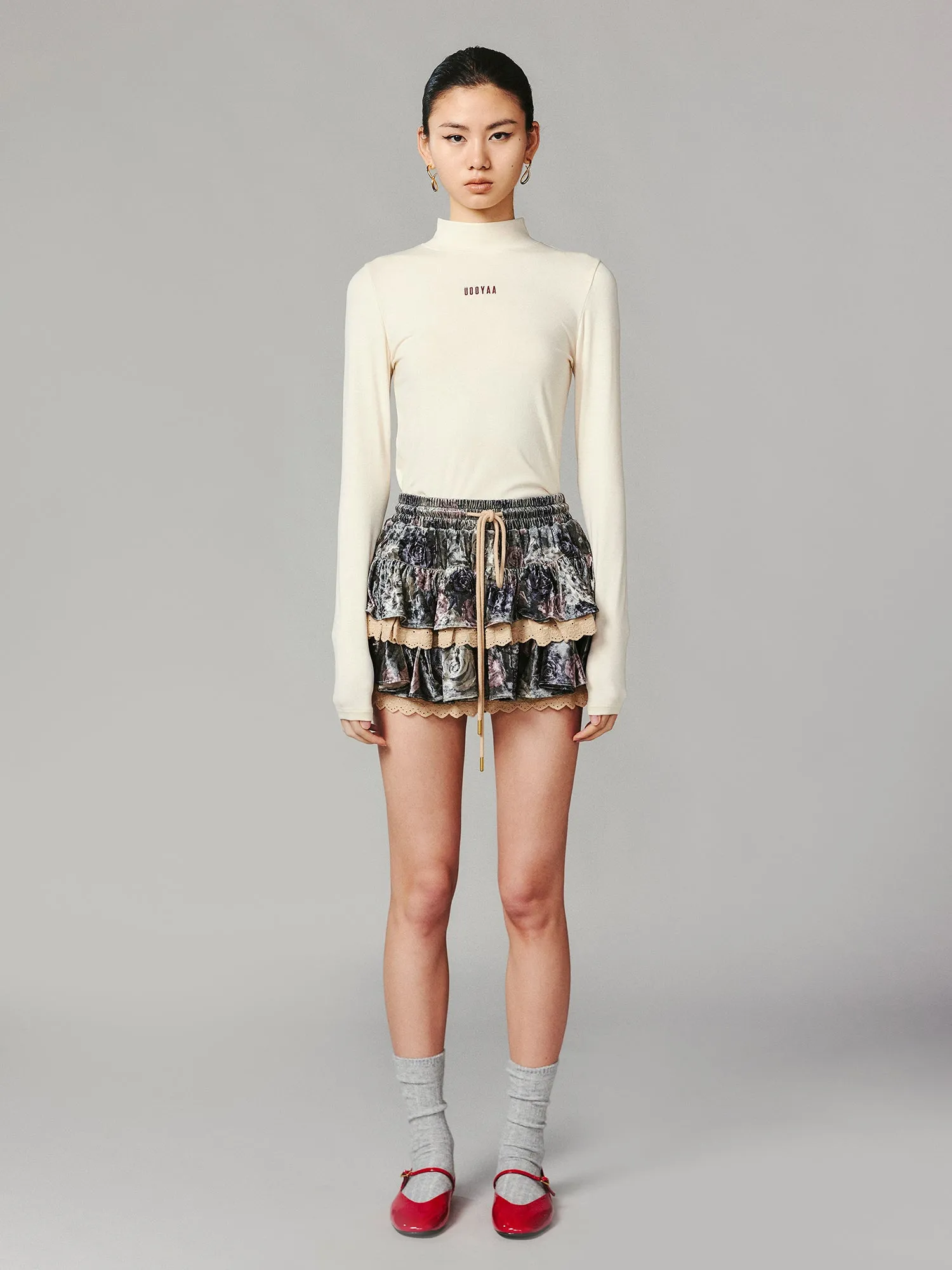 Camouflage rose printed velvet lace cake skirt
