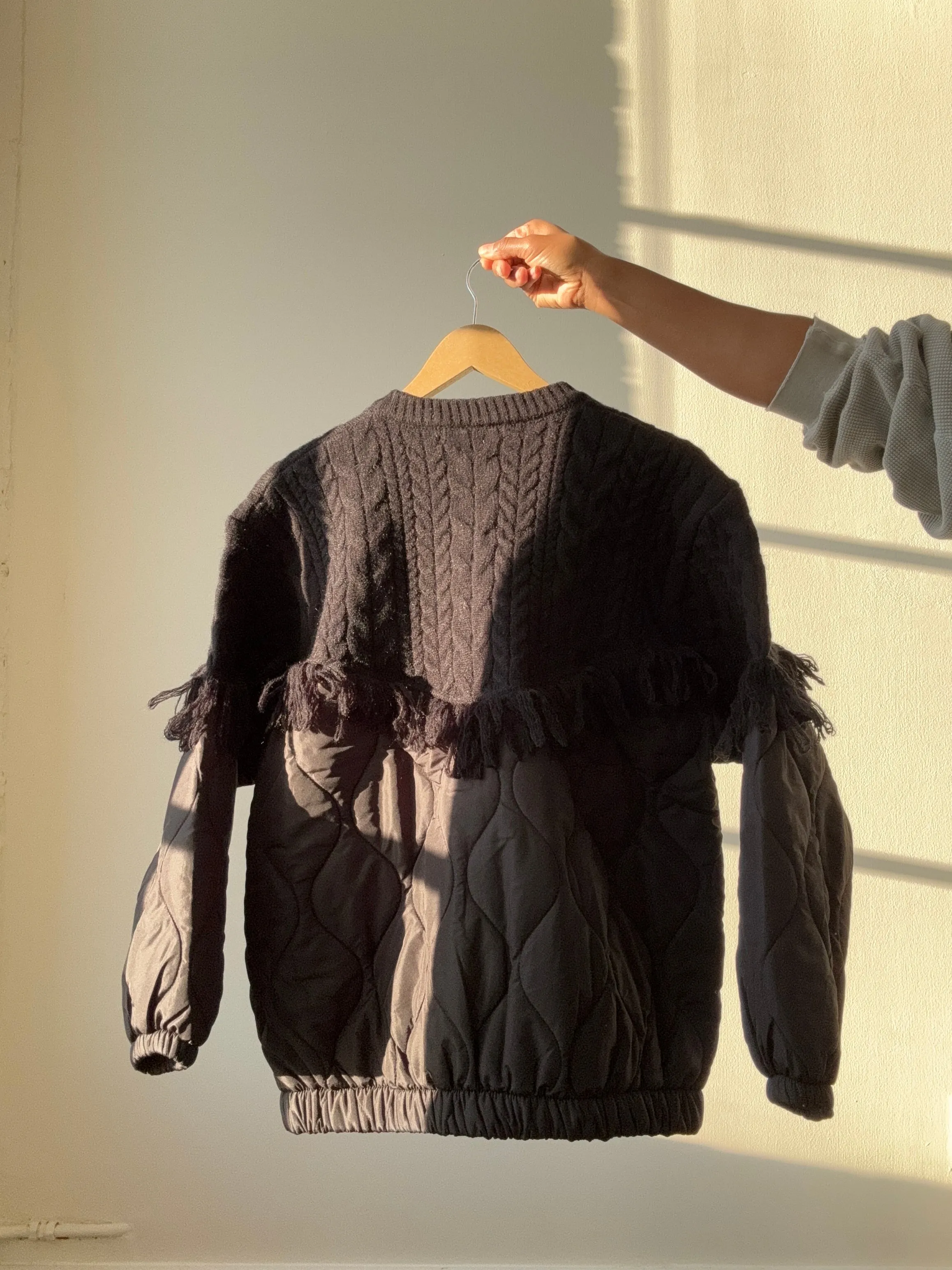 Carson Cable Knit & Fringe Quilted Jacket In Black