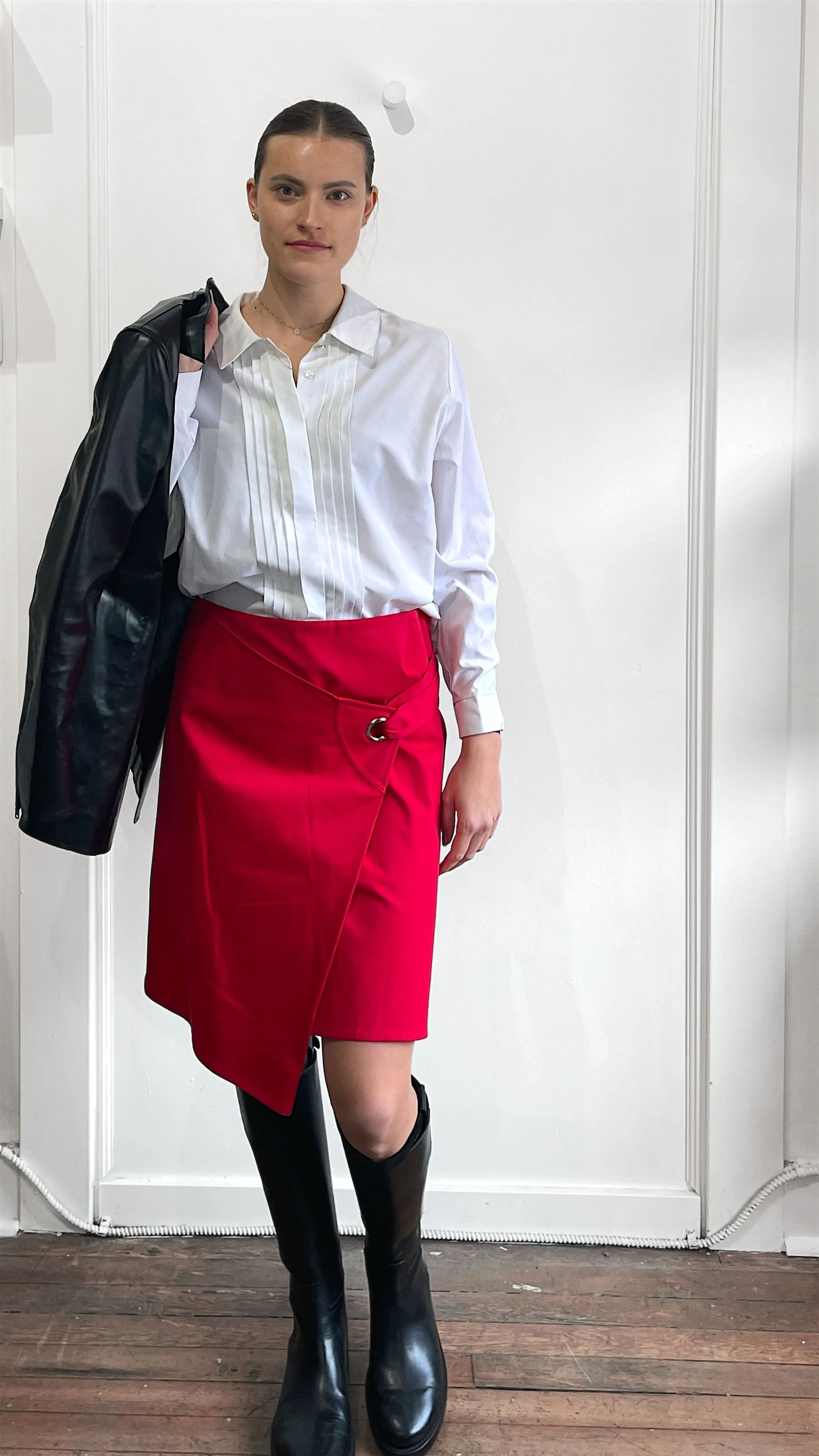 Celine Red Layered Asymmetrical Midi Skirt