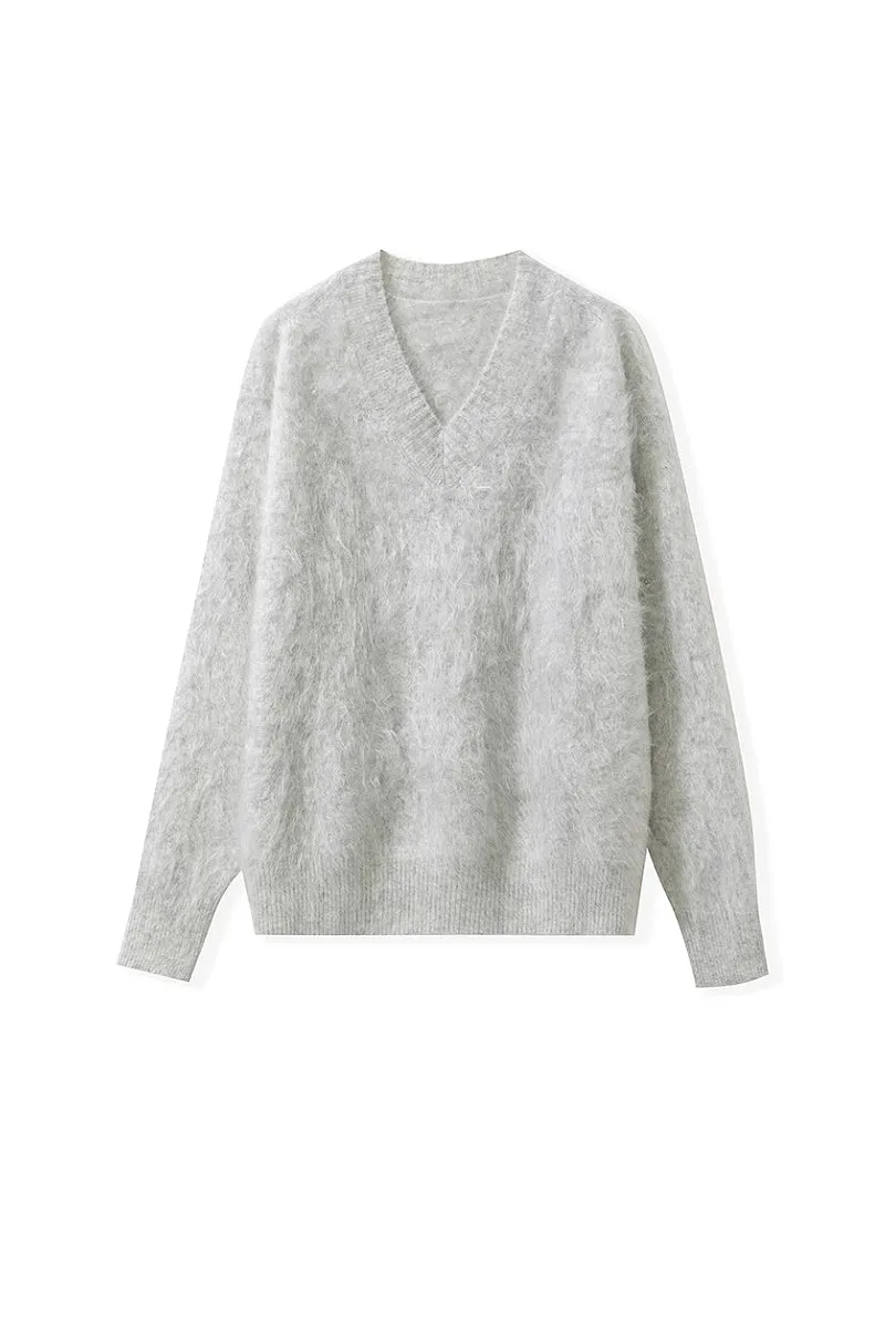 Chunky Brushed Cashmere V-Neck Pullover Sweater
