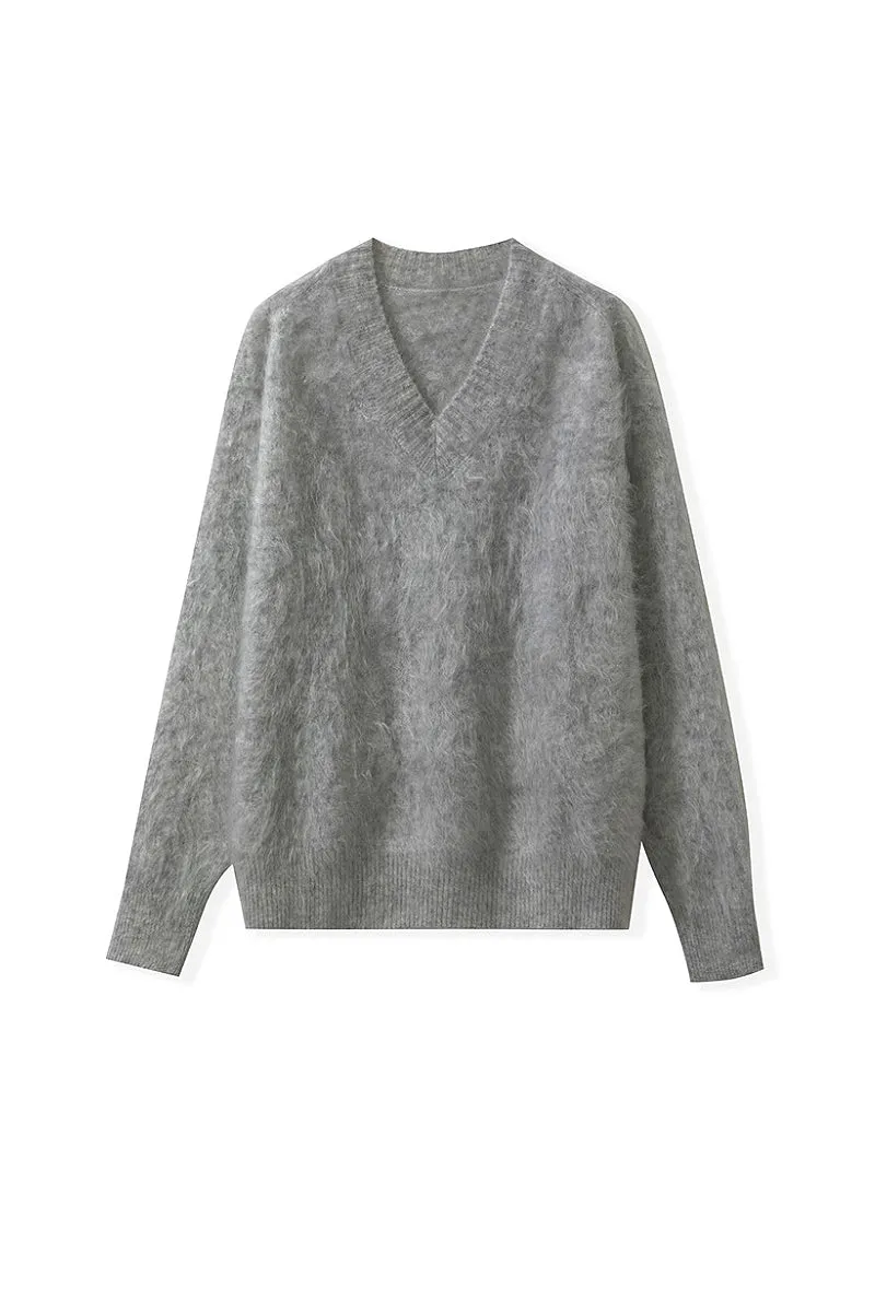 Chunky Brushed Cashmere V-Neck Pullover Sweater