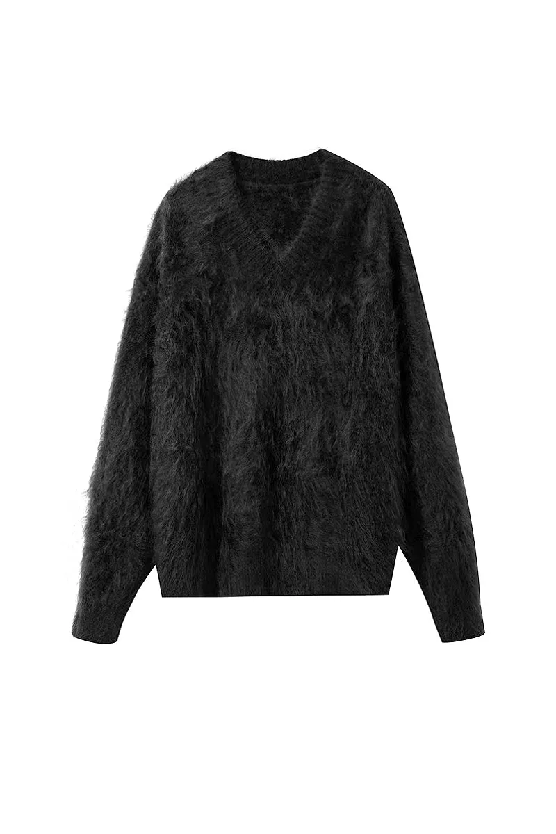 Chunky Brushed Cashmere V-Neck Pullover Sweater