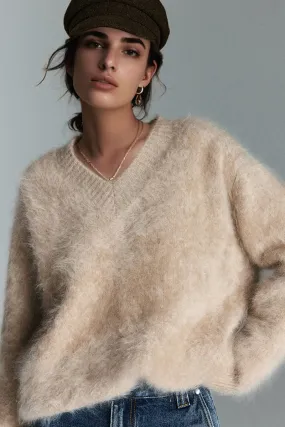 Chunky Brushed Cashmere V-Neck Pullover Sweater