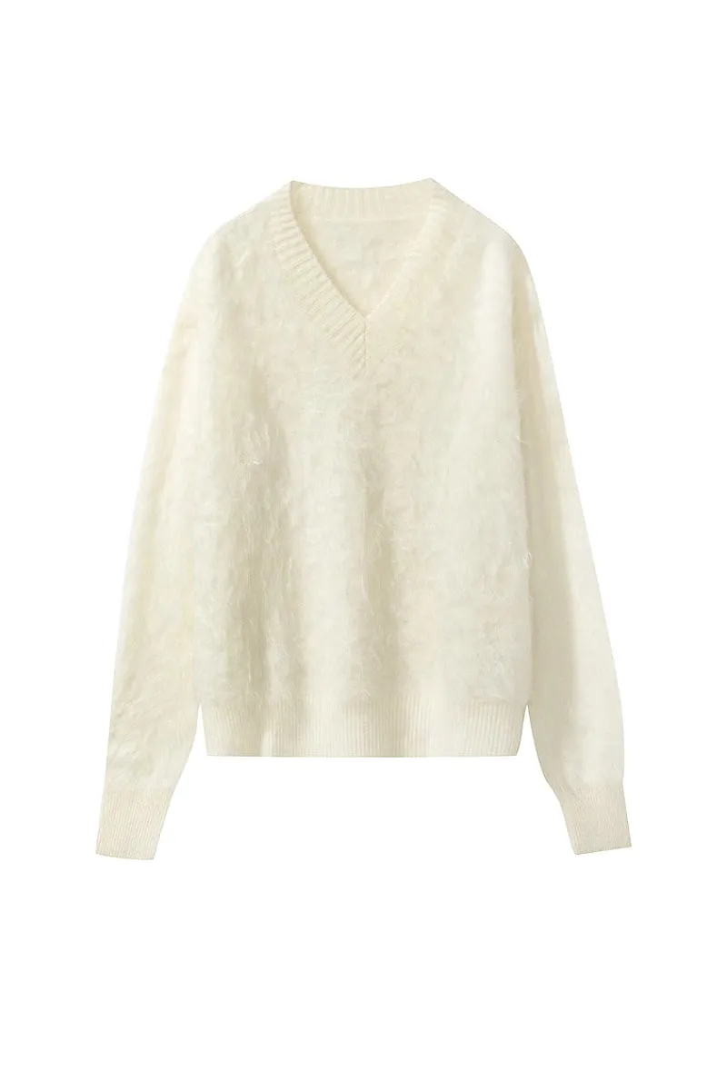 Chunky Brushed Cashmere V-Neck Pullover Sweater
