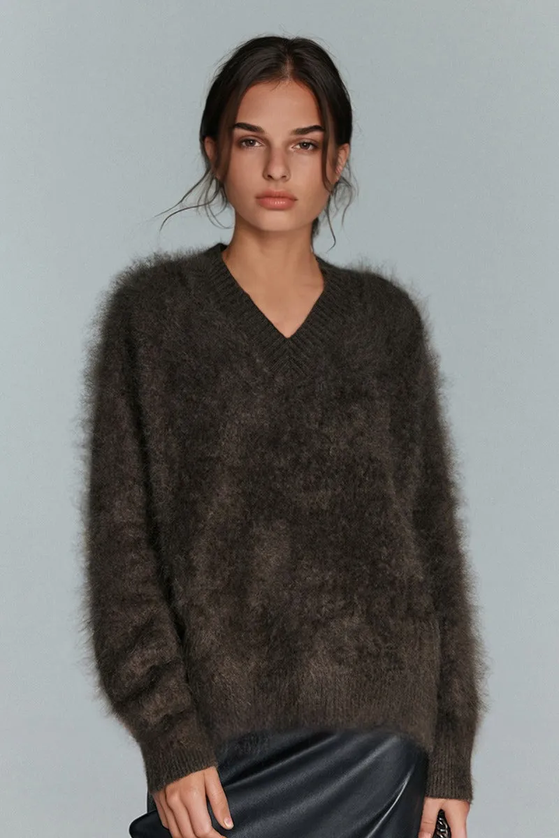 Chunky Brushed Cashmere V-Neck Pullover Sweater